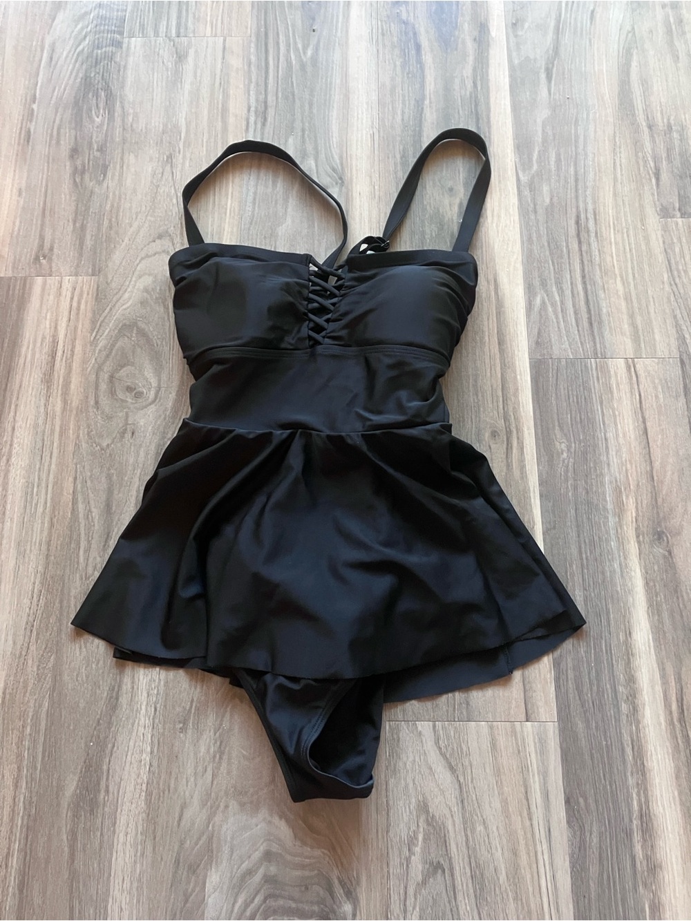 torrid Black One-Piece Swim Dress with Lace-Up Bodice